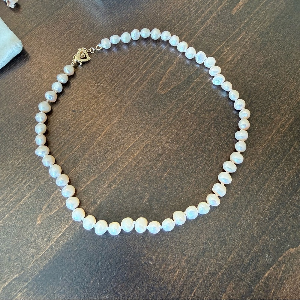 Cultured Pearl Necklace with Gold Heart Clasp - White Baroque Pearls NEW